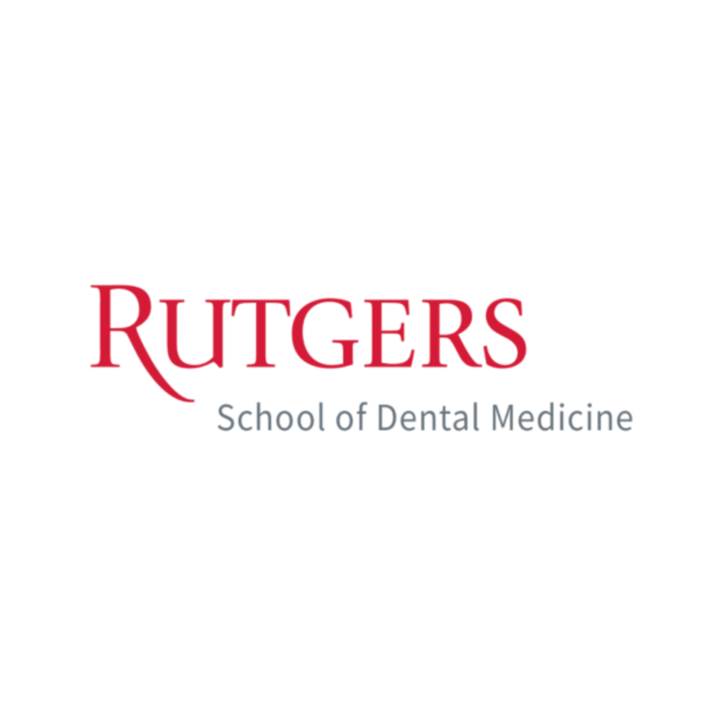 Logo of Rutgers School of Dental Medicine; "Rutgers" in bold red font above "School of Dental Medicine" in smaller grey text on a white background.