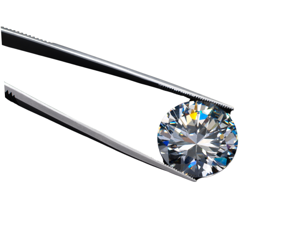 A glittering round diamond is held by metal tweezers against a white background, showcasing its brilliance and clarity with colorful reflections.