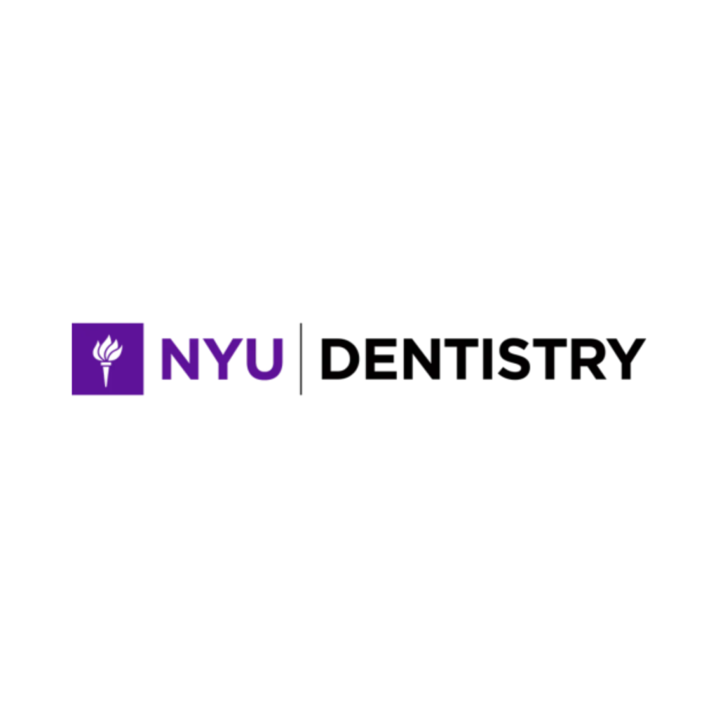 The image features the NYU Dentistry logo, with a stylized purple rod of Asclepius icon, next to bold black text on a light gray background.