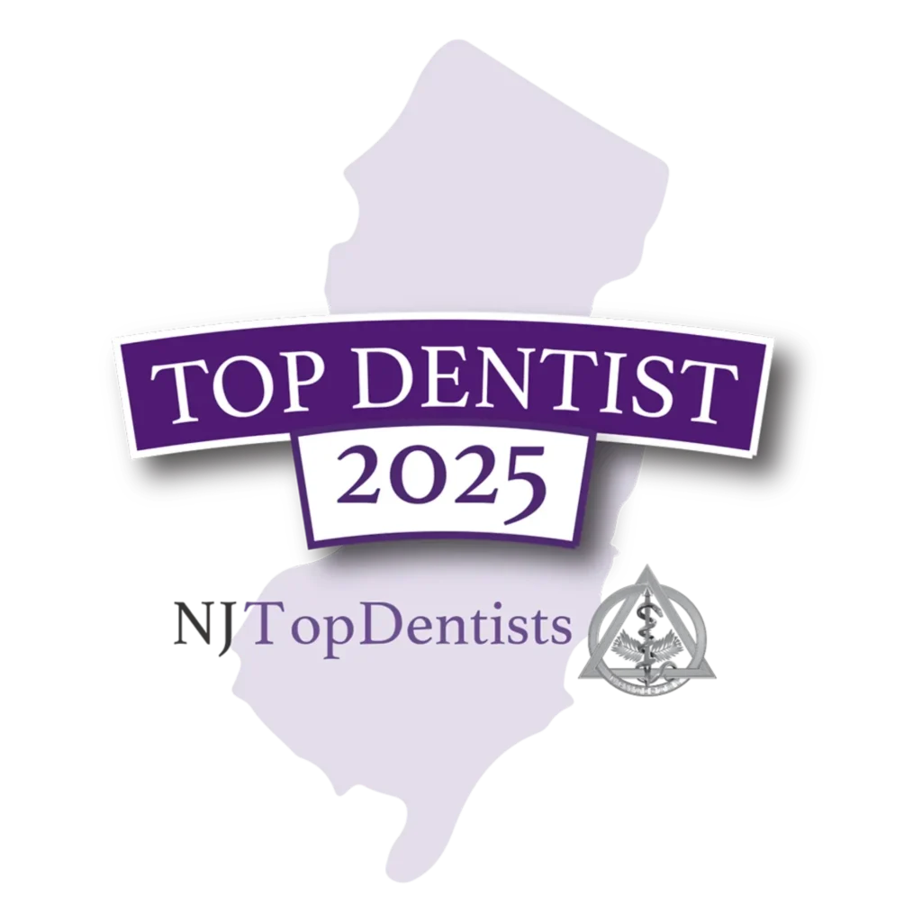 Purple "Top Dentist 2025" badge over New Jersey silhouette, with "NJTopDentists" text below, signifying a recognized dental accolade.