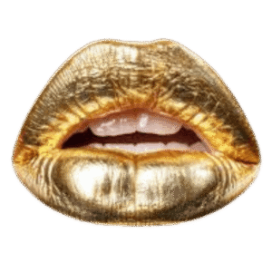 A pair of lips painted in metallic gold, slightly parted to reveal white teeth. The texture is shiny and smooth, conveying a glamorous and bold tone.