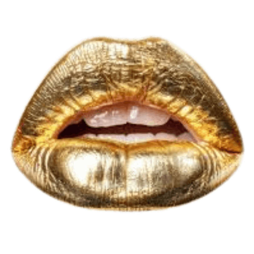 A pair of lips painted in metallic gold, slightly parted to reveal white teeth. The texture is shiny and smooth, conveying a glamorous and bold tone.