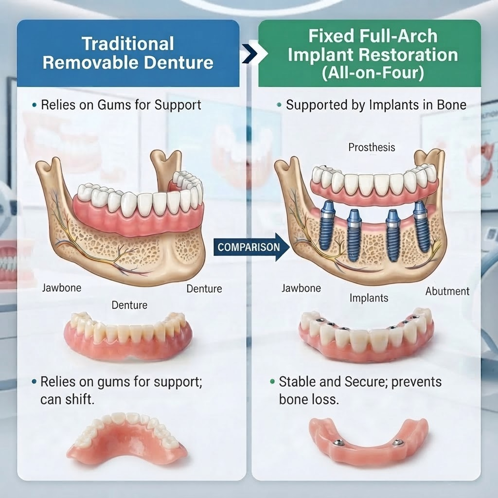 Comparison of All-on-4 dental implants and traditional dentures for patients at Aesthetic Dental Centers in New Jersey.