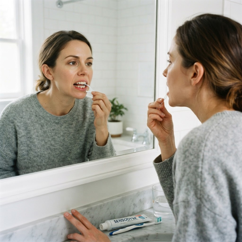 Patient noticing bleeding gums while flossing before a periodontal evaluation at Aesthetic Dental Centers in New Jersey.
